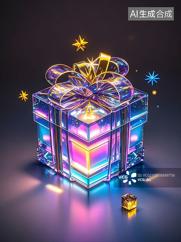【AI数字艺术】透明赛博朋克风格的礼物盒子包装图片素材