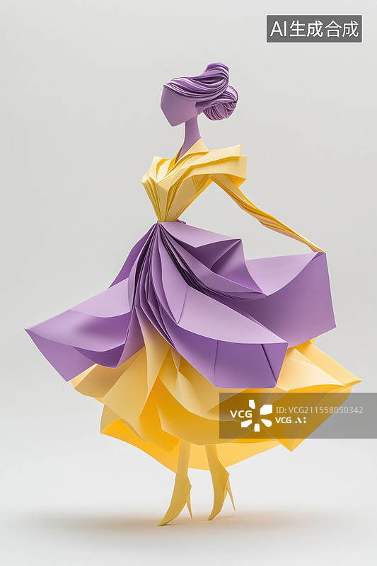 【AI数字艺术】中国风国潮黄色紫色时装的T台走秀女模特3D立体折纸图片素材