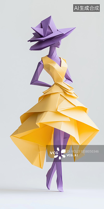 【AI数字艺术】中国风国潮黄色紫色时装的T台走秀女模特3D立体折纸图片素材
