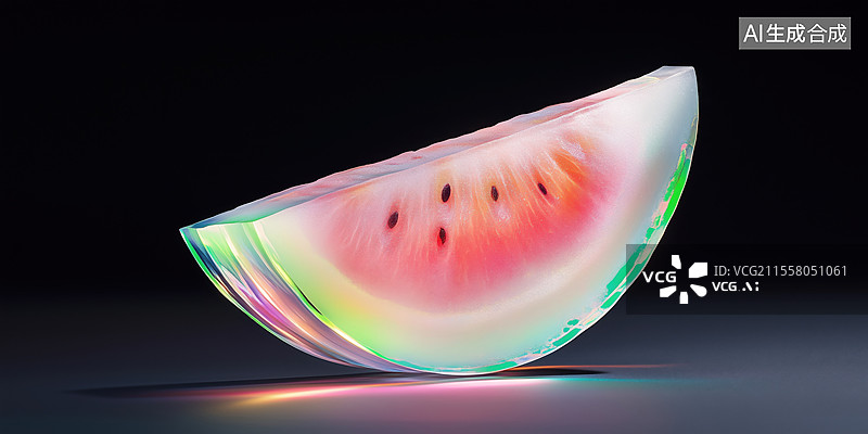 【AI数字艺术】黑底一瓣的珠光色西瓜全息金属箔3D立体插画图片素材