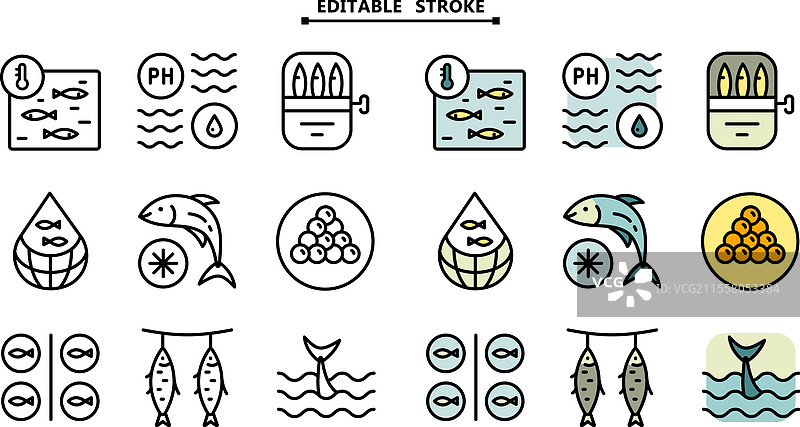 鱼场图标集 可编辑的线条颜色集图片素材