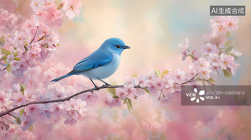 【AI数字艺术】蓝鸟栖于繁花满枝的春景中图片素材