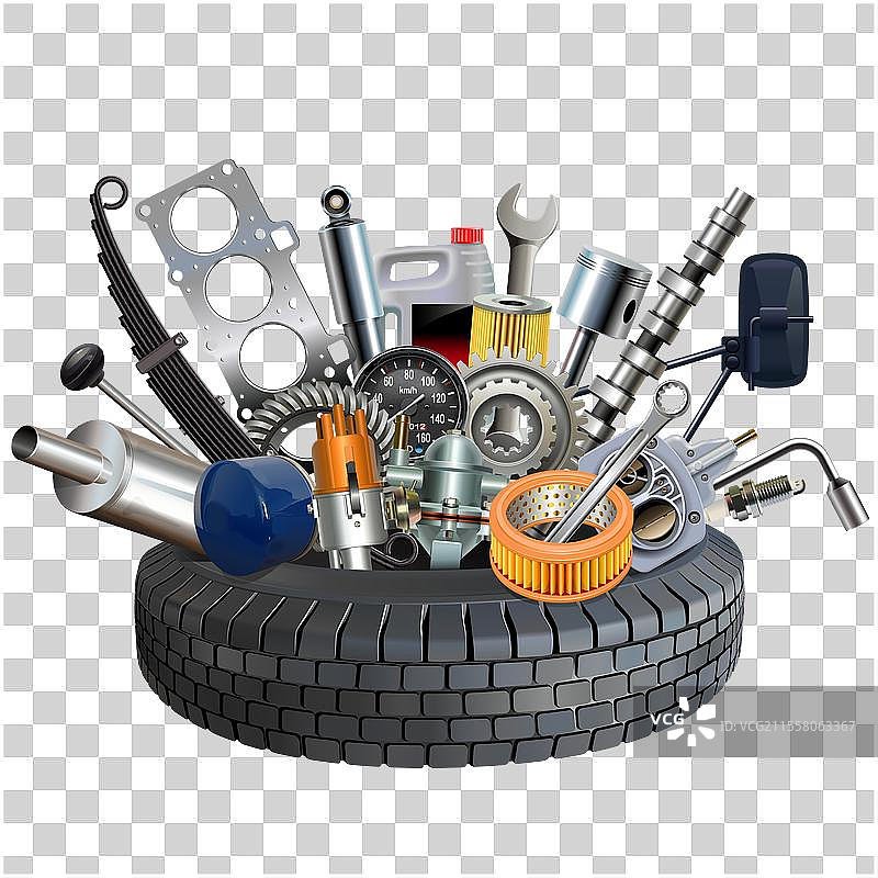 卡车备件概念与卡车轮胎图片素材