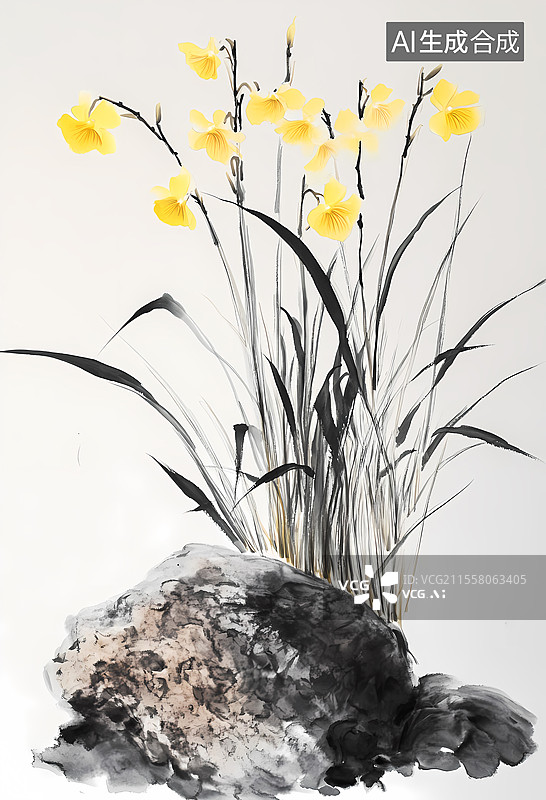 【AI数字艺术】水墨兰花插画图片素材