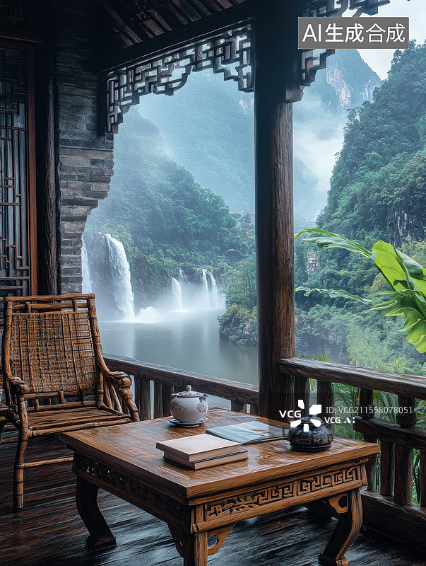 【AI数字艺术】一个宁静的场景，窗外是传统的古建筑和被薄雾笼罩的山峦与河流。窗台上摆放着一杯茶和一本打开的书图片素材