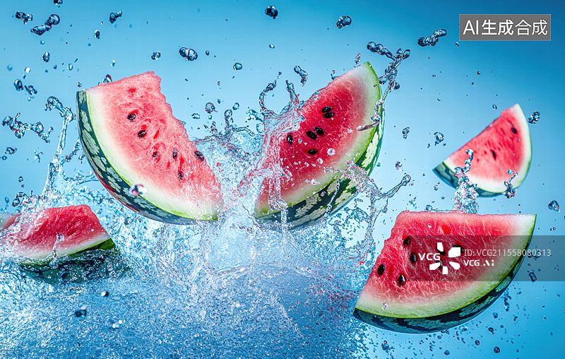 【AI数字艺术】几块西瓜在水中飞溅的瞬间。背景是清澈的蓝色，突显了西瓜的鲜艳红色和绿色。图片素材