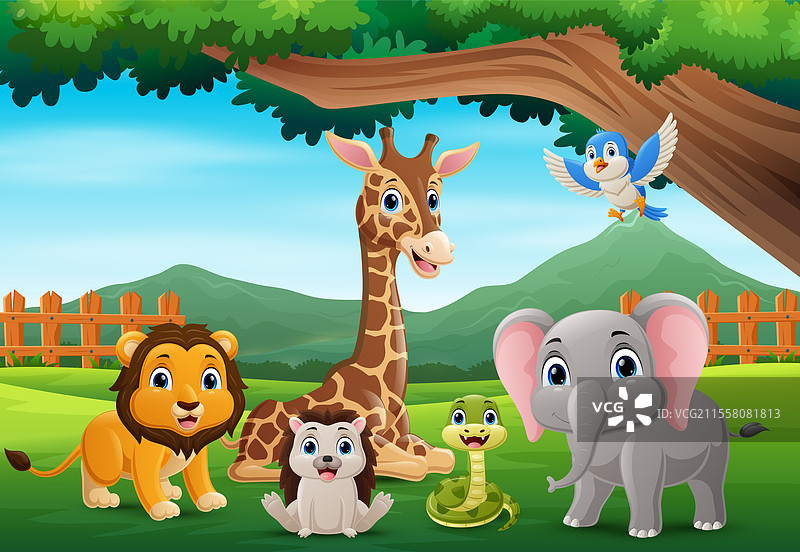 可爱的野生动物卡通在丛林中图片素材