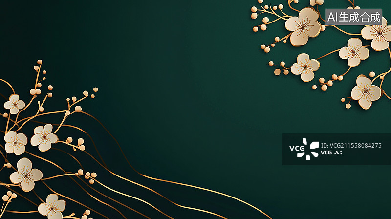 【AI数字艺术】金色梅花枝映衬蓝色背景图片素材
