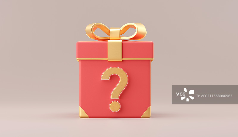 正面金色丝带的问号红色方形礼盒盲盒图片素材