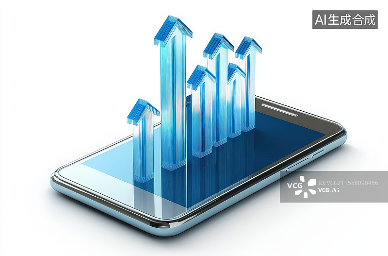 【AI数字艺术】3D渲染商务科技智能手机蓝色向上箭头图标图片素材
