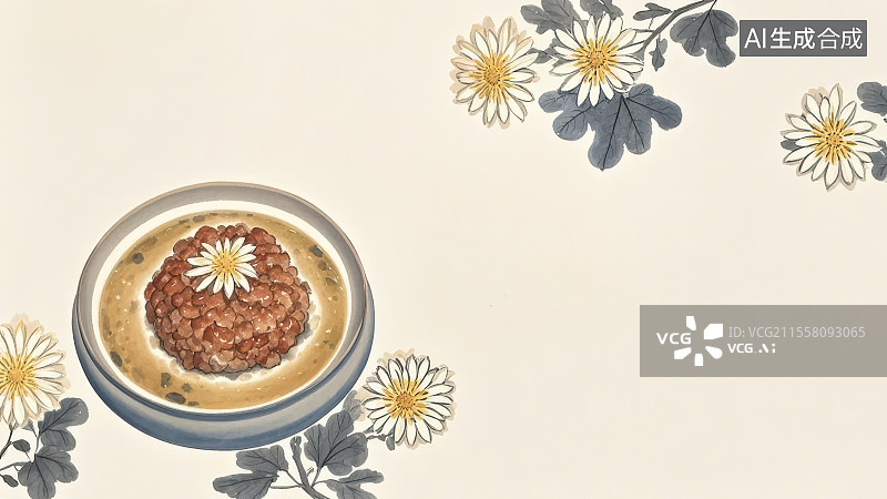 【AI数字艺术】蟹粉狮子头 国风水墨画模版背景居左下图片素材