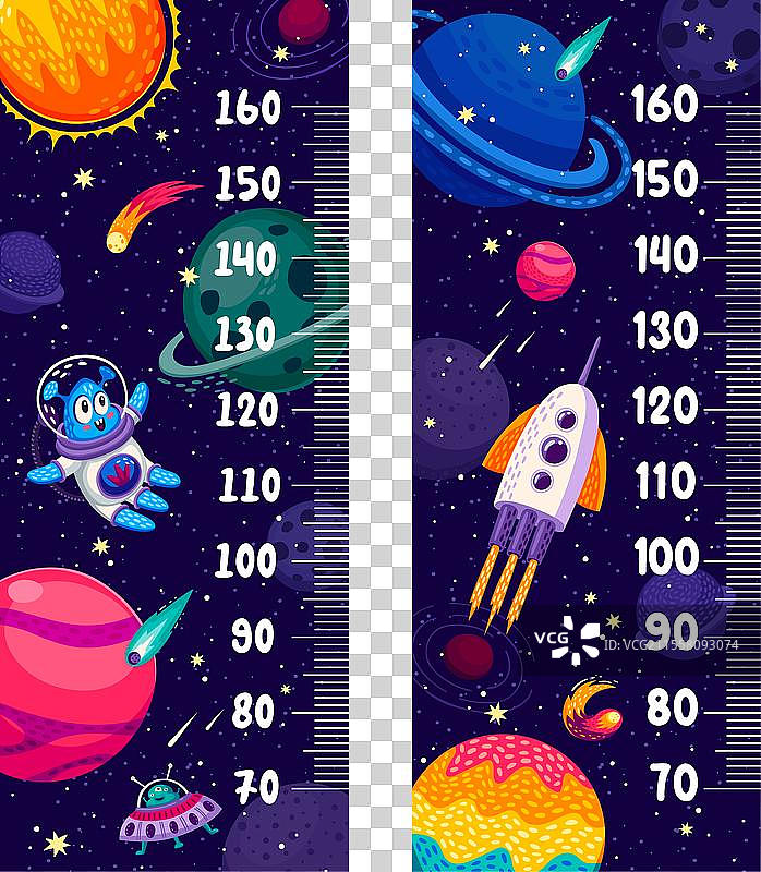 孩子身高测量图与银河系中的行星图片素材