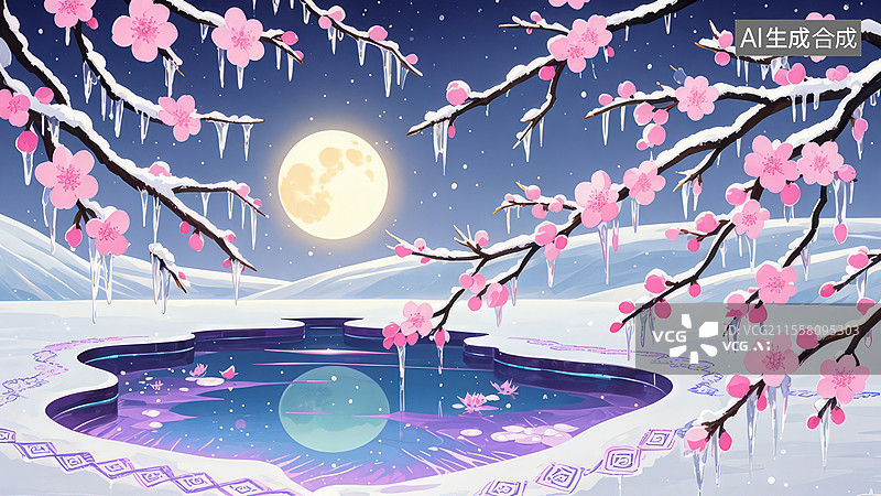 【AI数字艺术】国风仙侠-桃林夜雪东方玄幻场景——冰晶灵力纹路冰湖银芒幽光-手绘扁平风壁纸背景图片素材
