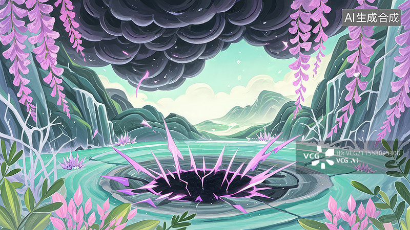 【AI数字艺术】国风仙侠-诛仙台深渊东方玄幻场景——紫电符文悬浮法器暗黑能量流-手绘扁平风壁纸背景图片素材