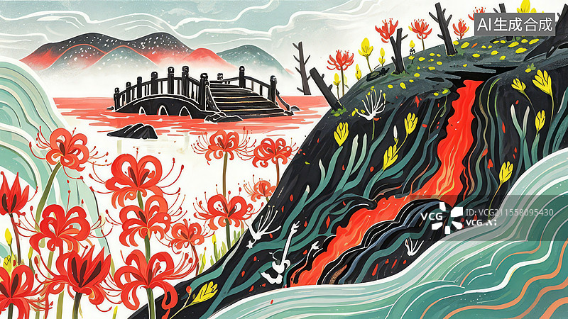 【AI数字艺术】2D卡通-国风仙侠-忘川彼岸东方玄幻场景——冥界曼珠沙华白骨桥冥火能量流-手绘扁平风壁纸背景图片素材