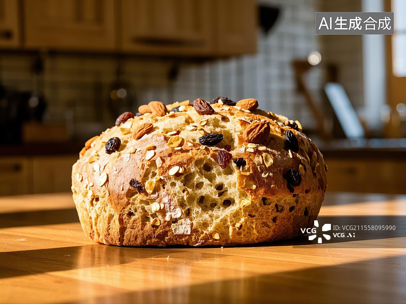 【AI数字艺术】质朴木桌的麦香面包图片素材