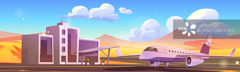 阳光明媚的沙漠中，飞机靠近机场图片素材