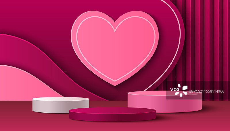 粉色背景与产品展示台和心形图案图片素材