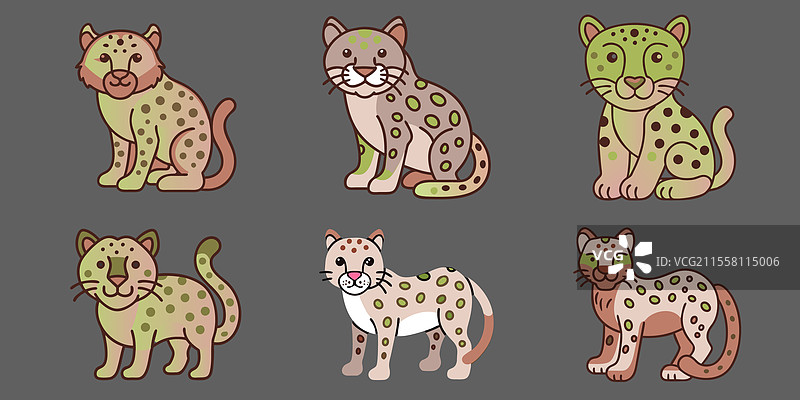 六只不同颜色的豹子排列在一起图片素材