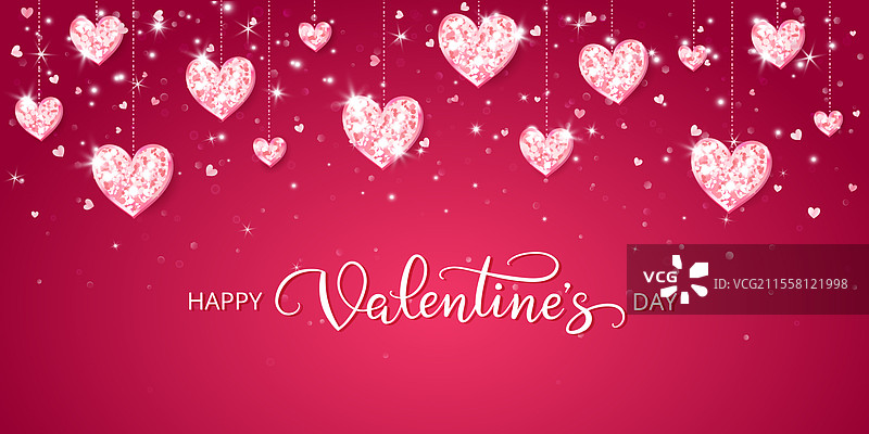 粉色闪光心形情人节快乐横幅图片素材