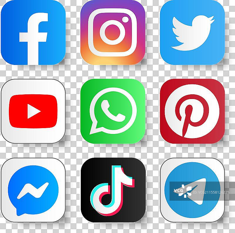 一组流行社交媒体和移动应用图标图片素材