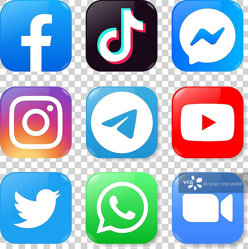 一组流行社交媒体和移动应用图标图片素材