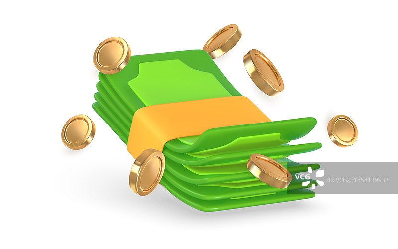 卡通风格的3D绿色美元和硬币图片素材