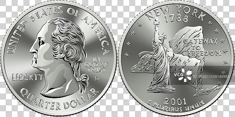 美国钱币25美分硬币，纽约图片素材