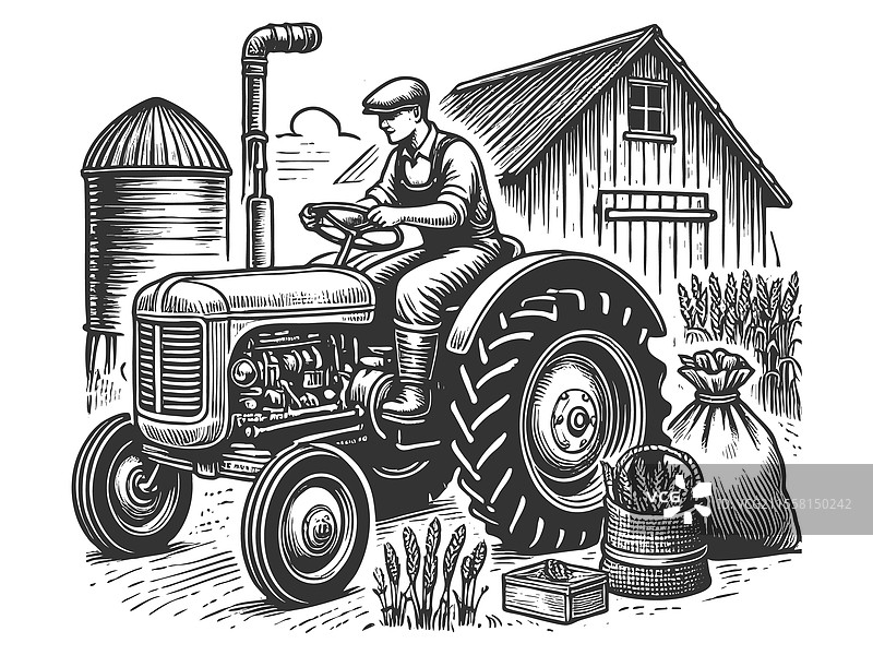 农民在农场驾驶拖拉机的雕刻画图片素材