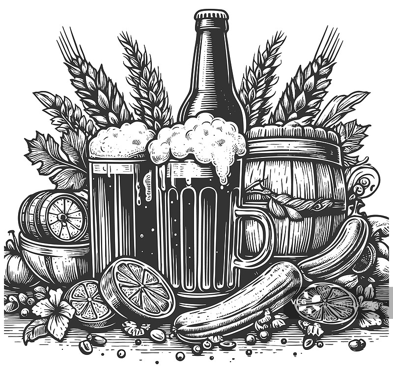 啤酒静物与面包、大麦和花朵图片素材