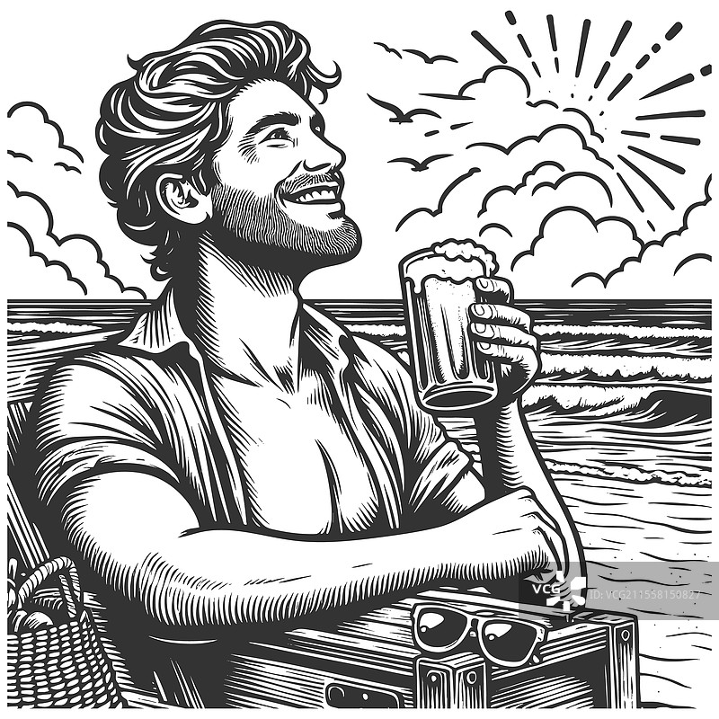 在海滩上享受啤酒的男人雕刻画图片素材