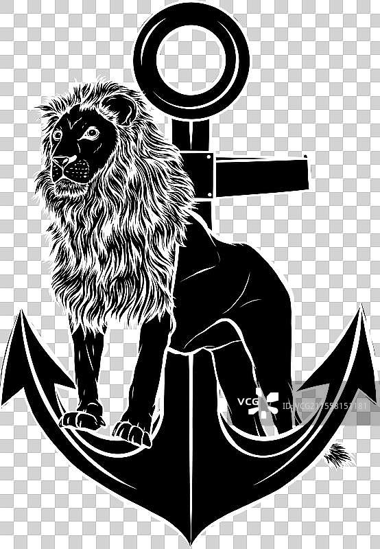 黑色背景上的白色狮子轮廓与锚图片素材