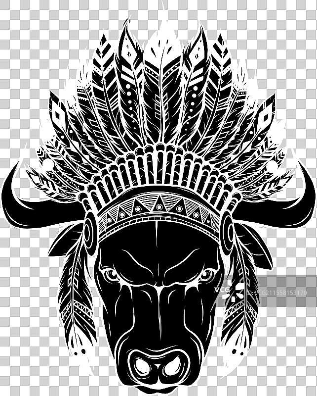 白色牛头轮廓，头戴印第安羽毛头饰图片素材