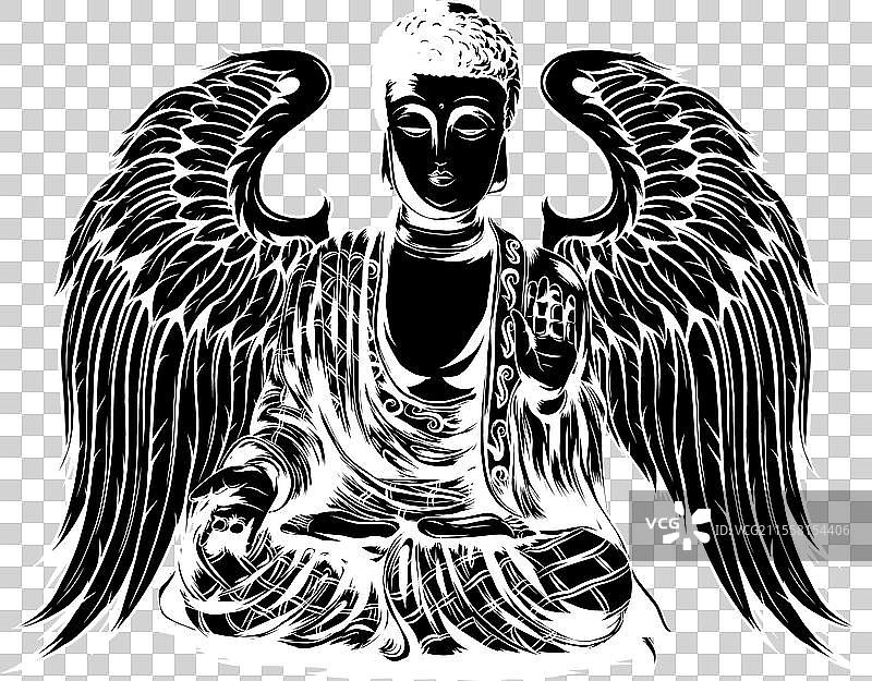 黑色背景上的白色佛陀飞翔轮廓徽章图片素材