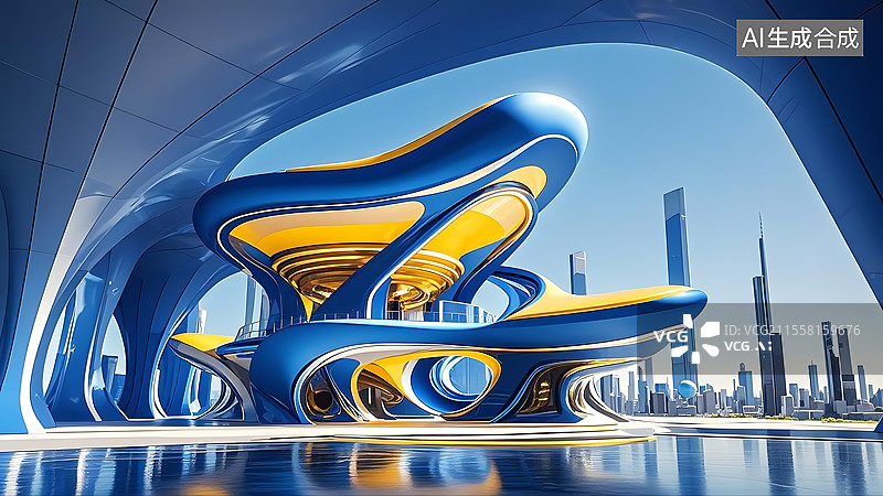 【AI数字艺术】克莱因蓝色搭配那不勒斯黄色未来主义时尚简约建筑空间图片素材