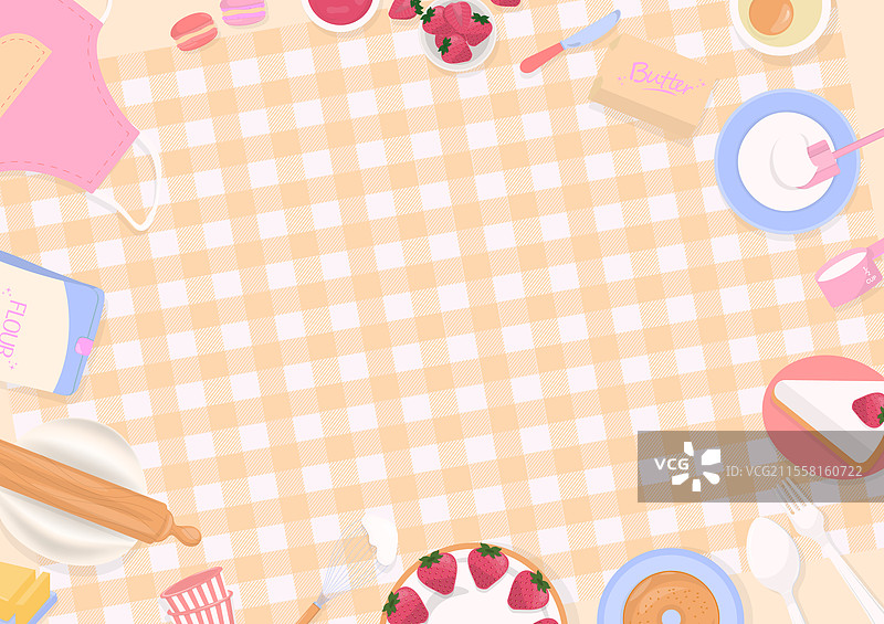 格子桌布上的蛋糕和烘焙原料图片素材