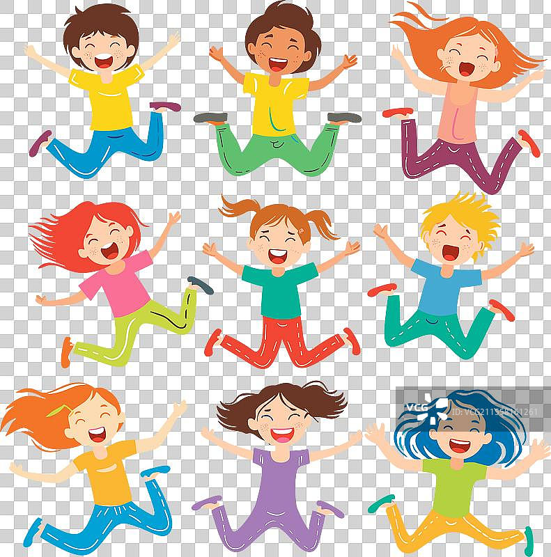 九个快乐的孩子以卡通风格欢快地跳跃图片素材