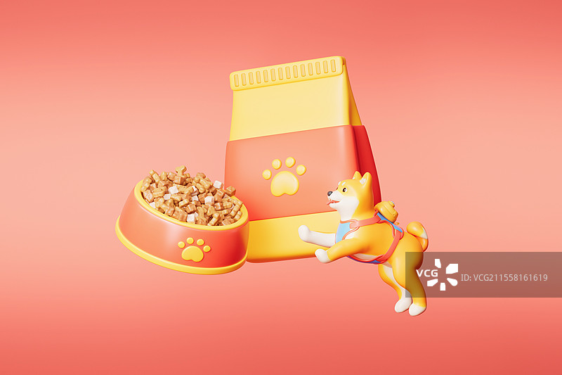 三维渲染的宠物狗粮和柴犬图片素材