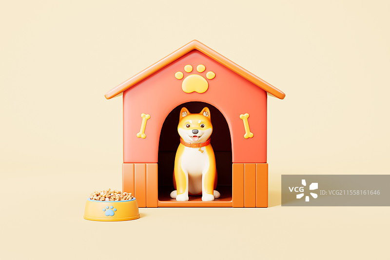 三维渲染的宠物柴犬和狗屋图片素材