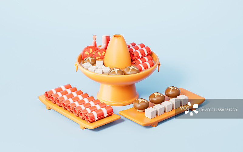 三维渲染的蓝色背景下的火锅和牛肉卷香菇豆腐图片素材