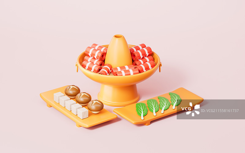 三维渲染的粉色背景下的火锅和香菇豆腐青菜图片素材