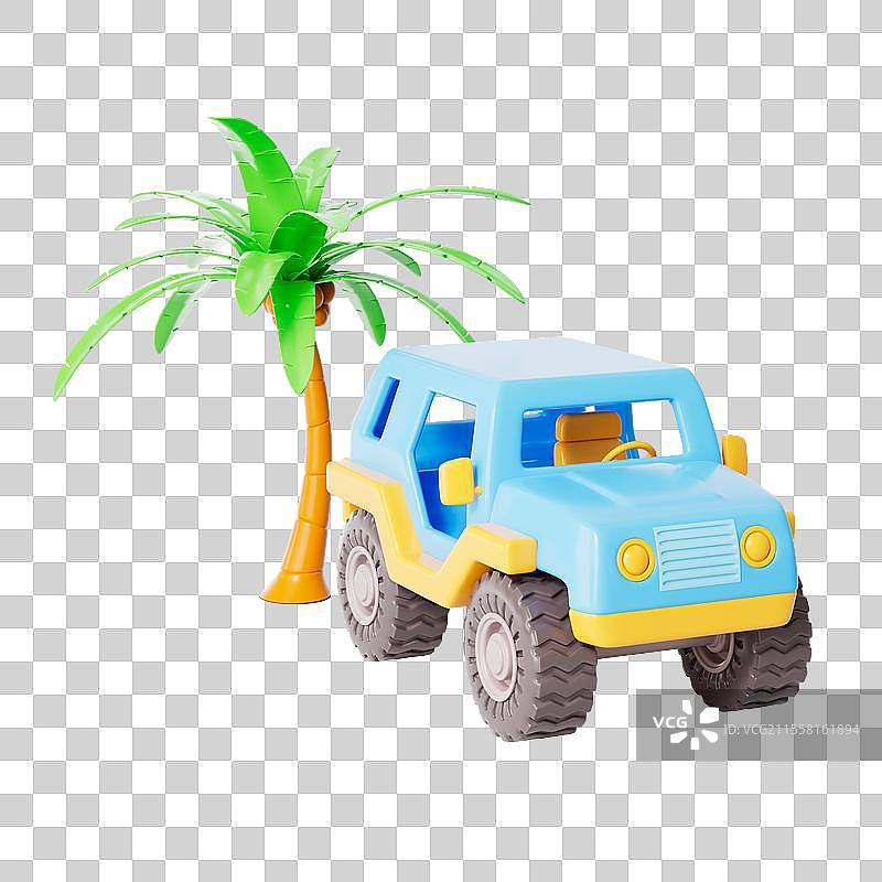 三维渲染的越野车和椰子树免抠元素图片素材