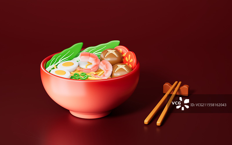 三维渲染的红色背景下的面条拉面图片素材