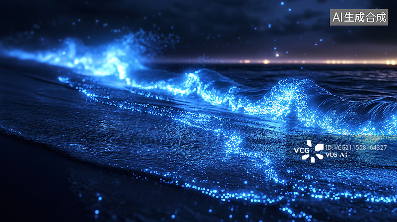 【AI数字艺术】星空下的蓝色荧光海滩图片素材