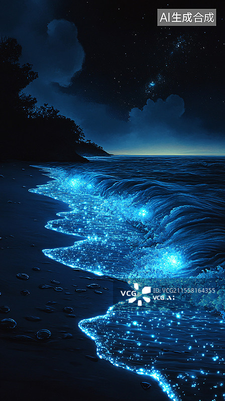 【AI数字艺术】星空下的蓝色荧光海滩图片素材