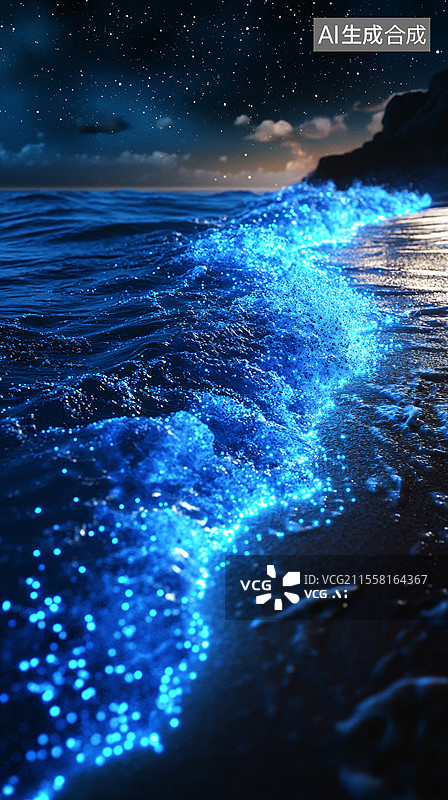 【AI数字艺术】星空下的蓝色荧光海滩图片素材