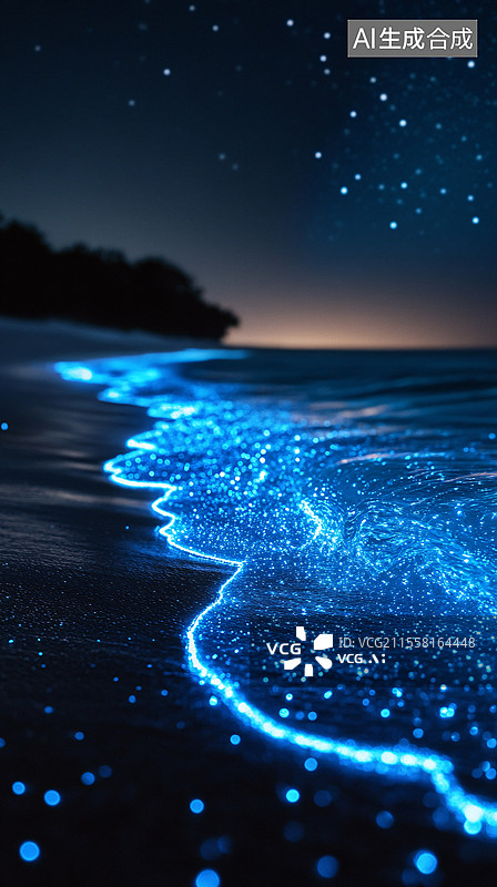 【AI数字艺术】星空下的蓝色荧光海滩图片素材