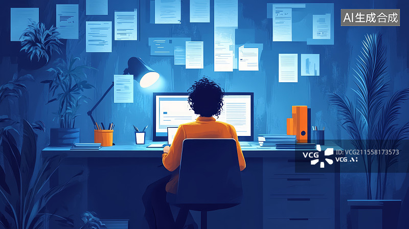 【AI数字艺术】职场办公深夜加班工作场景扁平化插画图片素材