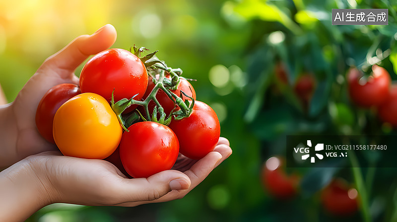 【AI数字艺术】手中捧起新鲜饱满的西红柿图片素材
