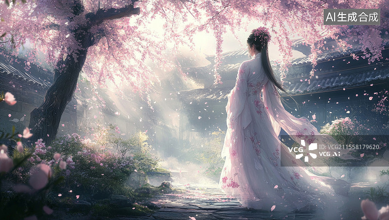 【AI数字艺术】古风女子于樱花古景中漫步图片素材
